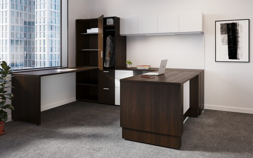 Enclosed height adjustable with pedestal storage and open file storage. Wall-mounted hutch above a whiteboard and a wardrobe above file file storage beside. Shelving attached to a fixed surface.