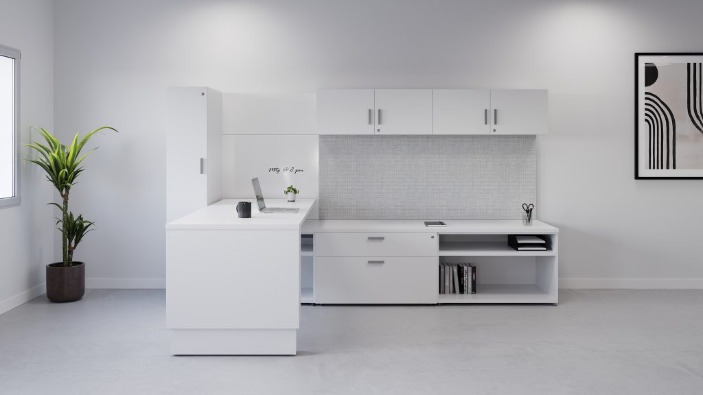 Enclosed height adjustable with box, file storage and open file storage. Wall mounted hutch above fabric wrapped panels and a wardrobe beside.