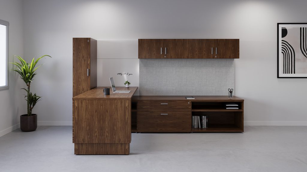 Enclosed height adjustable with box, file storage and open file storage. Wall mounted hutch above fabric wrapped panels and a wardrobe beside.