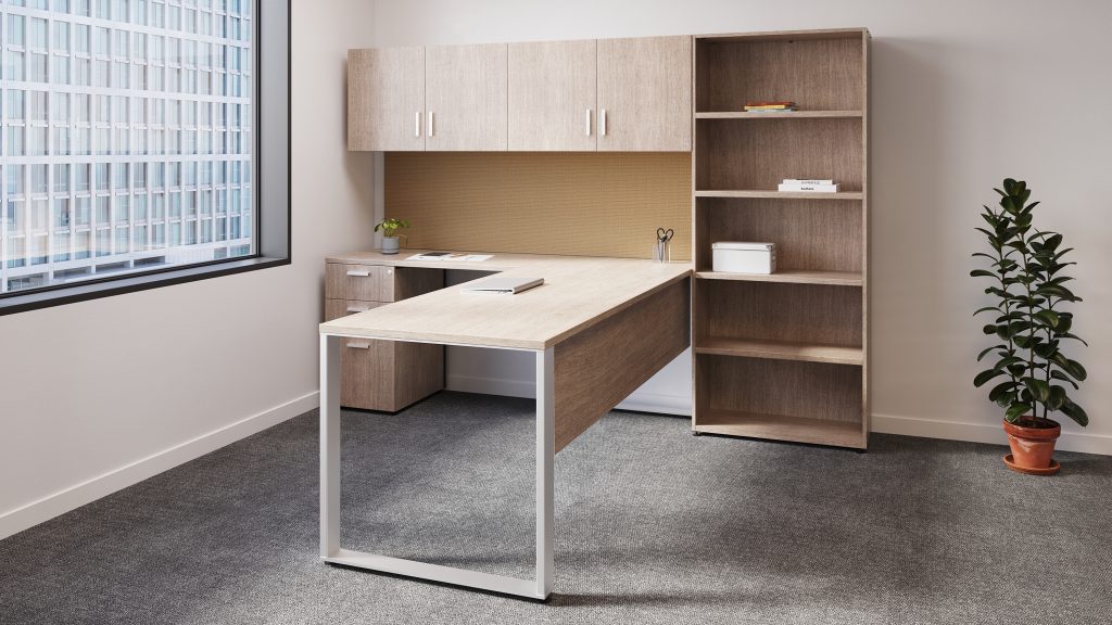 Frame leg with modesty desk with a fixed return with a file file pedestal beneath. Wall mounted hutch with PET panels and shelving unit.
