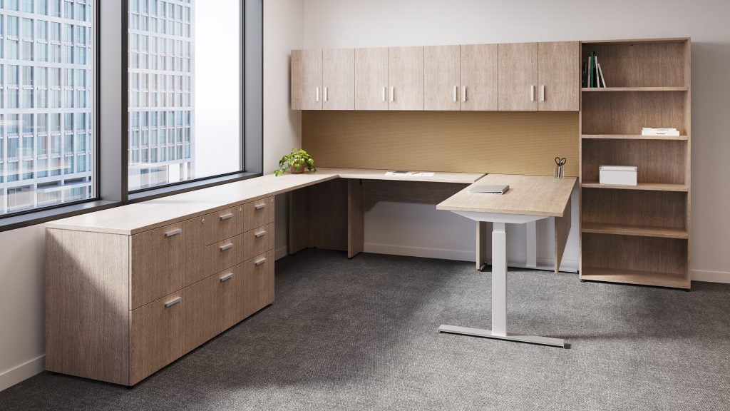 Free standing height-adjustable desk with fixed return. Archive storage, wall mounted hutch with PET panels and shelving unit