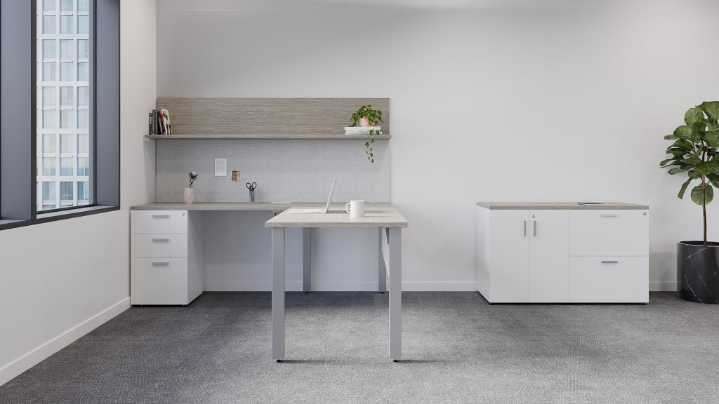 Create a leg-fixed desk with pedestal storage. PET wallboard with shelf on top. Archive storage behind.